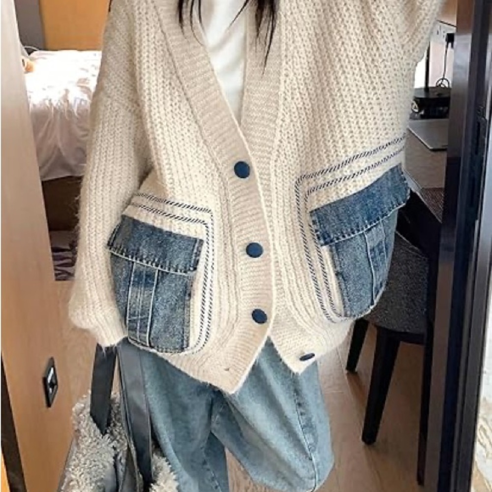 Cozy Cream Cardigan with Denim Accents - Picture 1 of 8